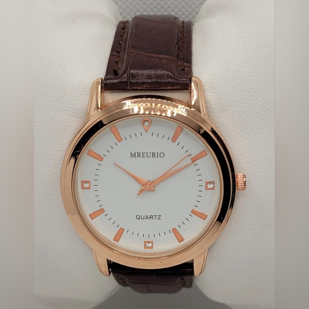 Mens Mreurio Round Rose Gold Tone Brown Leather Band Analog Watch EET8599G-RG